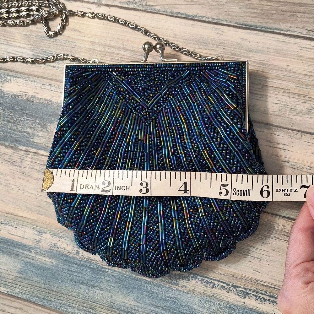Vintage Blue Glass Beaded Clam Purse - Picture 3 of 5